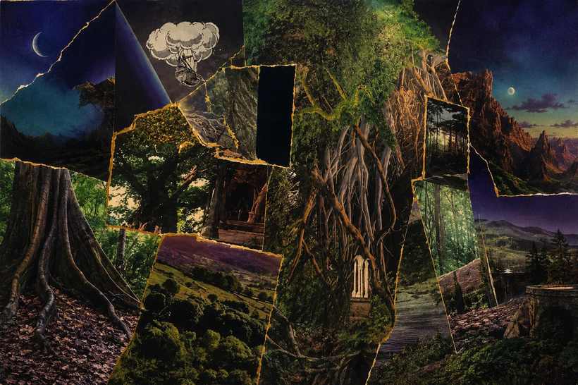 Gilded collage by Rosemary Northover: torn night-landscape fragments rejoined along gold seams.